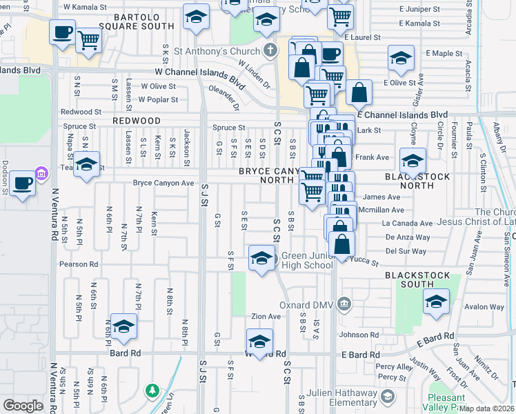 map of restaurants, bars, coffee shops, grocery stores, and more near 446 Rincon Way in Oxnard