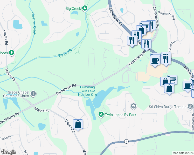 map of restaurants, bars, coffee shops, grocery stores, and more near 5890 Bluff Heights Drive in Cumming