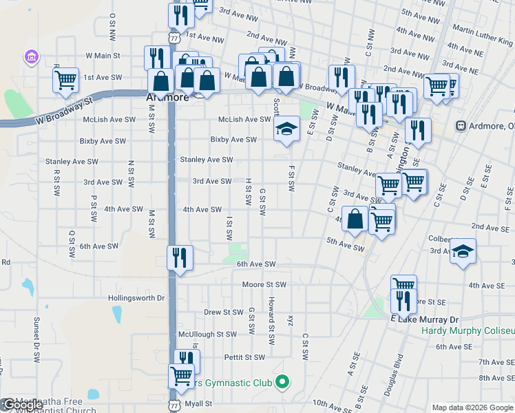 map of restaurants, bars, coffee shops, grocery stores, and more near 711 4th Avenue Southwest in Ardmore