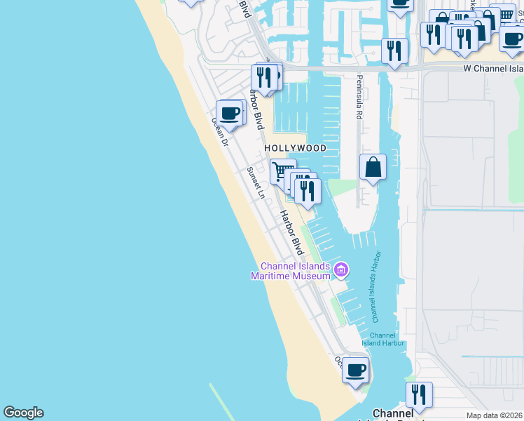 map of restaurants, bars, coffee shops, grocery stores, and more near 3520 Sunset Lane in Oxnard