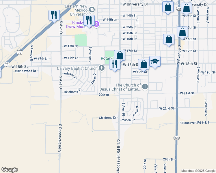 map of restaurants, bars, coffee shops, grocery stores, and more near 2020 South Avenue I in Portales