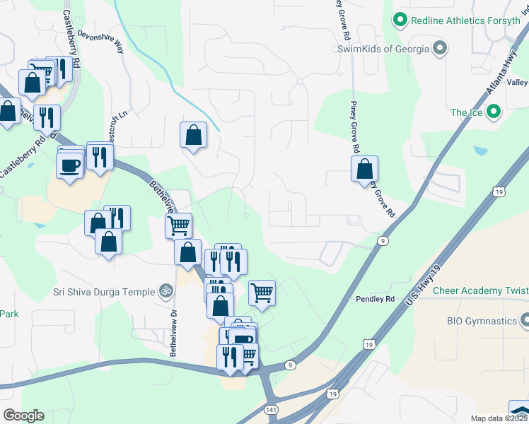 map of restaurants, bars, coffee shops, grocery stores, and more near 2685 Gateview Court in Cumming