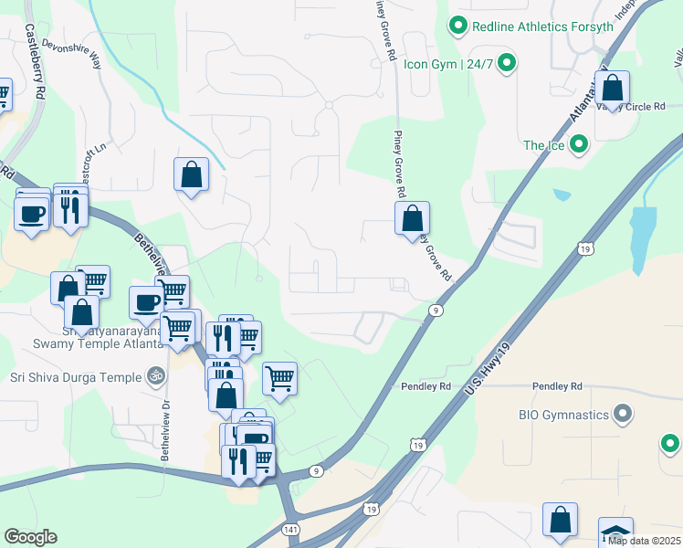 map of restaurants, bars, coffee shops, grocery stores, and more near 2520 Gatewater Court in Cumming