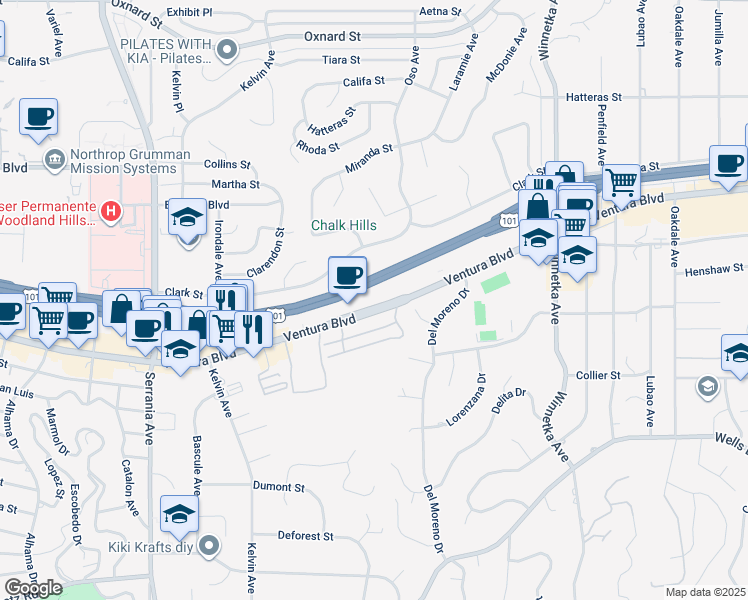 map of restaurants, bars, coffee shops, grocery stores, and more near 20461 Ventura Boulevard in Los Angeles