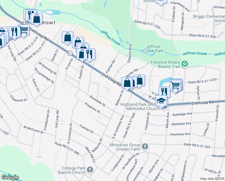 map of restaurants, bars, coffee shops, grocery stores, and more near 1714 2nd Loop Road in Florence