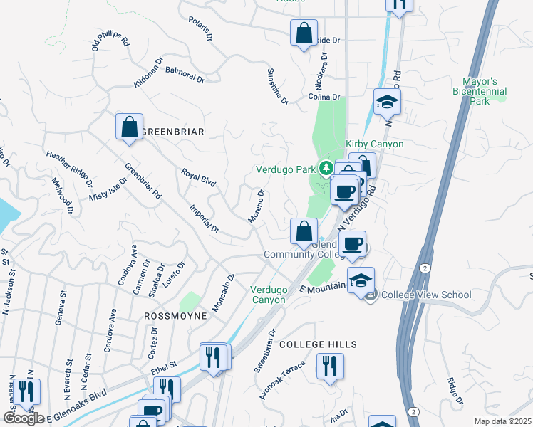 map of restaurants, bars, coffee shops, grocery stores, and more near 1664 Las Flores Drive in Glendale