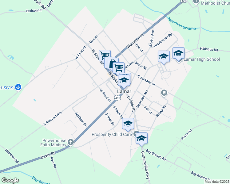 map of restaurants, bars, coffee shops, grocery stores, and more near 102 Calhoun Street in Darlington
