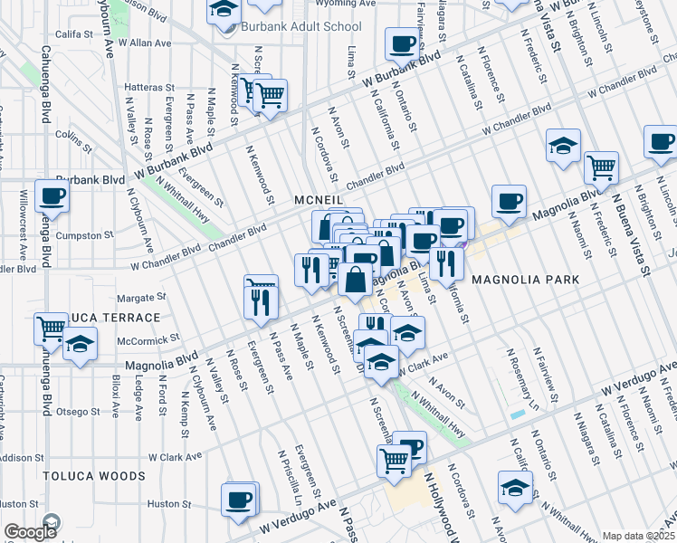 map of restaurants, bars, coffee shops, grocery stores, and more near 1012 North Hollywood Way in Burbank