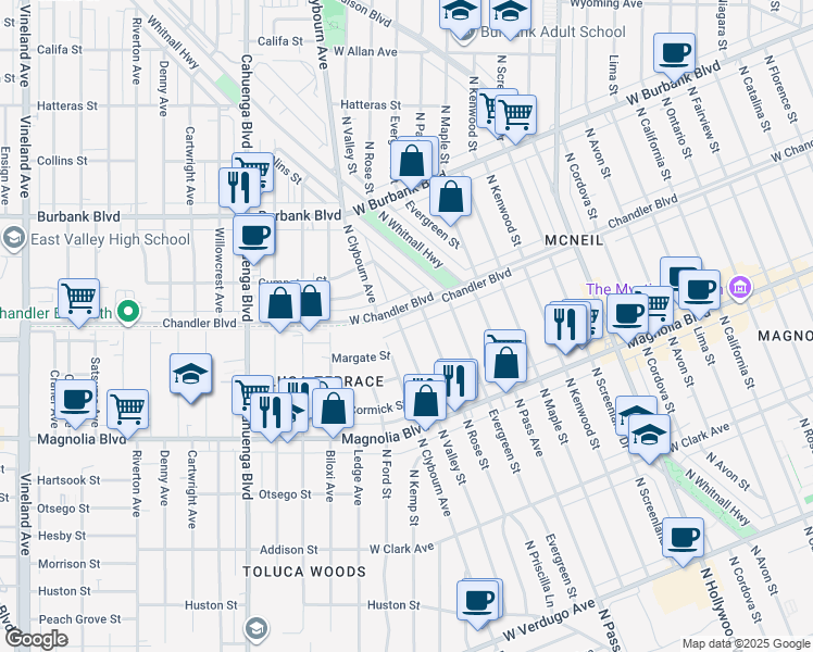 map of restaurants, bars, coffee shops, grocery stores, and more near 1138 North Valley Street in Burbank