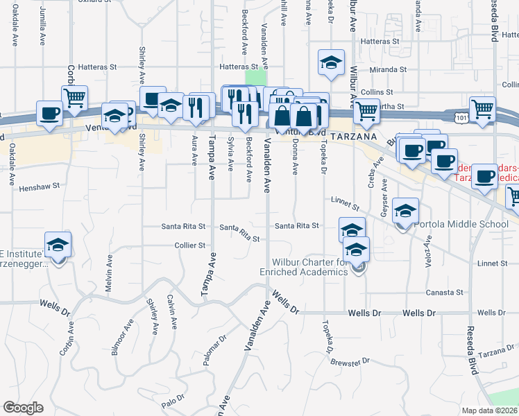 map of restaurants, bars, coffee shops, grocery stores, and more near 19200 Linnet Street in Los Angeles
