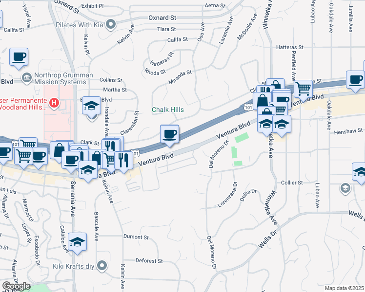map of restaurants, bars, coffee shops, grocery stores, and more near 20461 Ventura Boulevard in Los Angeles