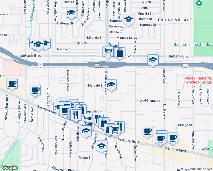 map of restaurants, bars, coffee shops, grocery stores, and more near White Oak Ave & Margate St in Los Angeles