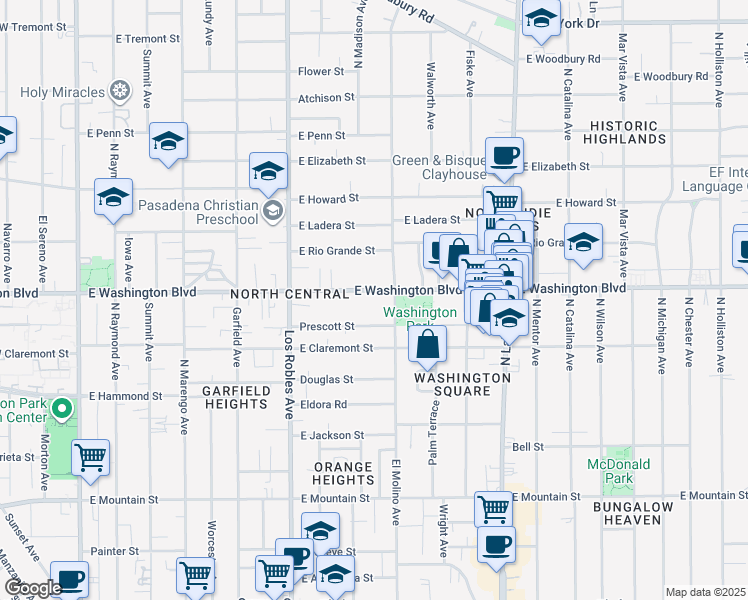 map of restaurants, bars, coffee shops, grocery stores, and more near 612 East Washington Boulevard in Pasadena