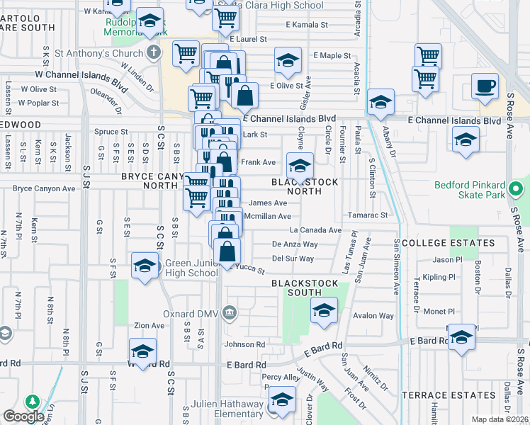 map of restaurants, bars, coffee shops, grocery stores, and more near 175 Mcmillan Avenue in Oxnard