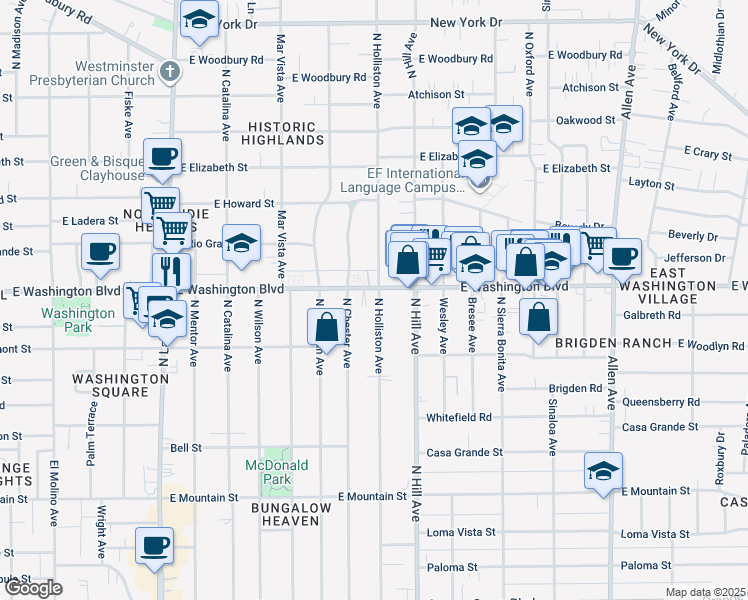 map of restaurants, bars, coffee shops, grocery stores, and more near 1317 Holliston Avenue in Pasadena