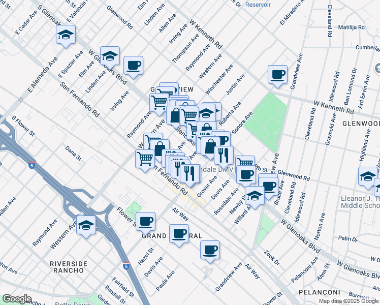 map of restaurants, bars, coffee shops, grocery stores, and more near 1055 Ruberta Avenue in Glendale