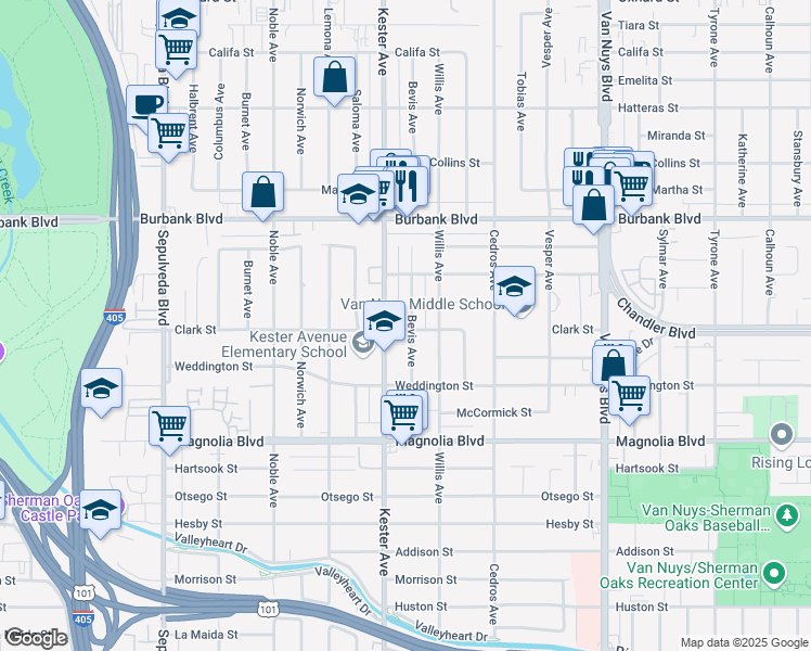 map of restaurants, bars, coffee shops, grocery stores, and more near 5401 Bevis Avenue in Los Angeles