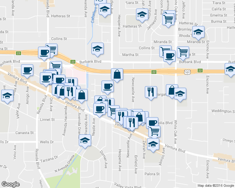 map of restaurants, bars, coffee shops, grocery stores, and more near 5400 Lindley Avenue in Los Angeles