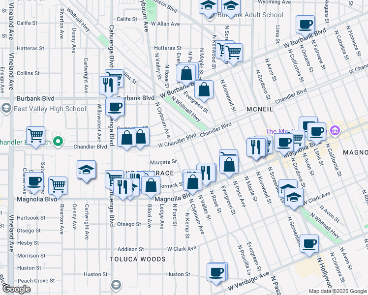map of restaurants, bars, coffee shops, grocery stores, and more near 1138 North Valley Street in Burbank