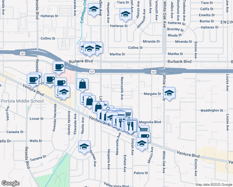 map of restaurants, bars, coffee shops, grocery stores, and more near 5403 Newcastle Avenue in Los Angeles