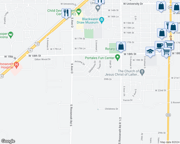 map of restaurants, bars, coffee shops, grocery stores, and more near 217 Oklahoma Drive in Portales
