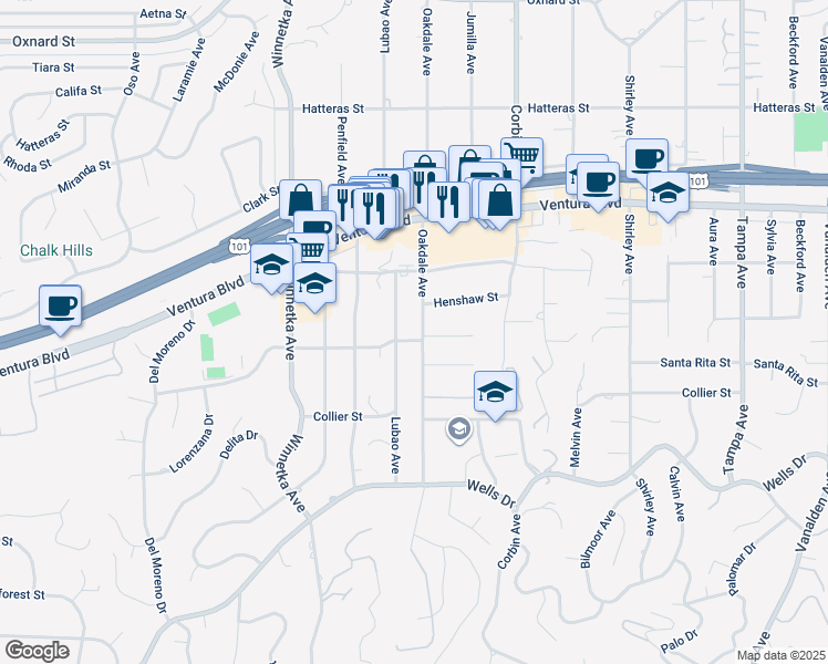 map of restaurants, bars, coffee shops, grocery stores, and more near 5403 Oakdale Avenue in Los Angeles