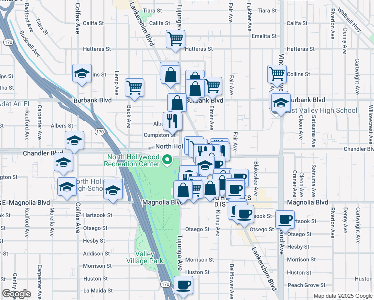 map of restaurants, bars, coffee shops, grocery stores, and more near 11320 Chandler Boulevard in Los Angeles