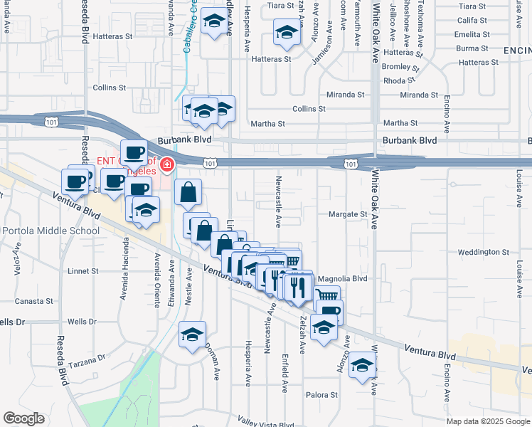 map of restaurants, bars, coffee shops, grocery stores, and more near 5403 Newcastle Avenue in Los Angeles