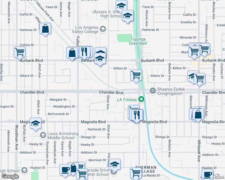 map of restaurants, bars, coffee shops, grocery stores, and more near 13079 Chandler Boulevard in Los Angeles