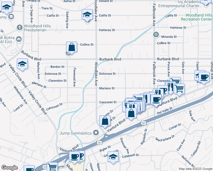 map of restaurants, bars, coffee shops, grocery stores, and more near 23119 Mariano Street in Los Angeles