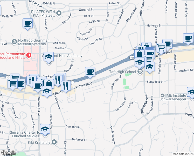 map of restaurants, bars, coffee shops, grocery stores, and more near 20461 Ventura Boulevard in Los Angeles
