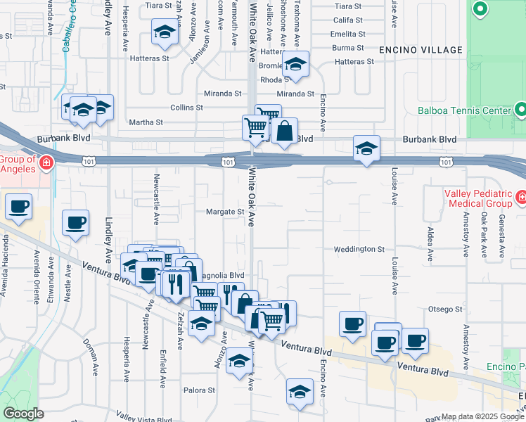 map of restaurants, bars, coffee shops, grocery stores, and more near 5350 White Oak Avenue in Los Angeles