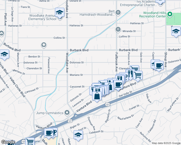 map of restaurants, bars, coffee shops, grocery stores, and more near 23003 Mariano Street in Los Angeles