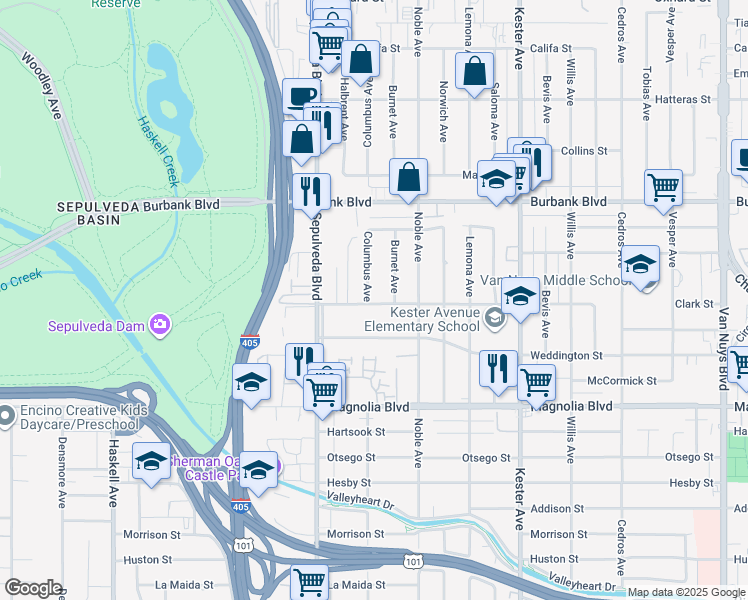 map of restaurants, bars, coffee shops, grocery stores, and more near 5401 Columbus Avenue in Los Angeles