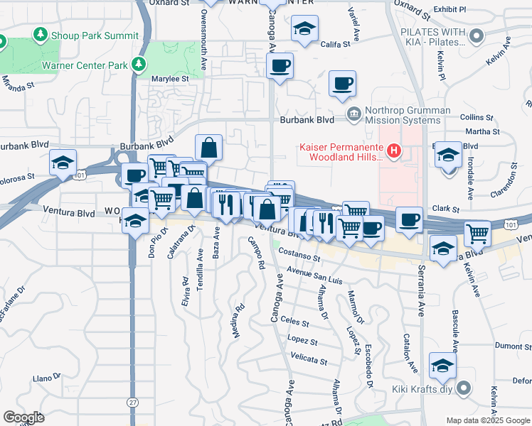 map of restaurants, bars, coffee shops, grocery stores, and more near 5419 Canoga Avenue in Los Angeles