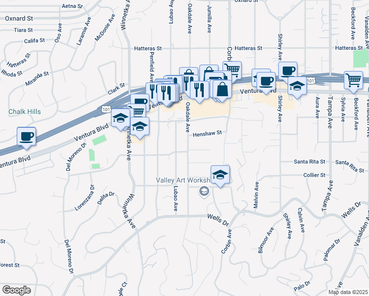 map of restaurants, bars, coffee shops, grocery stores, and more near 5403 Oakdale Avenue in Los Angeles