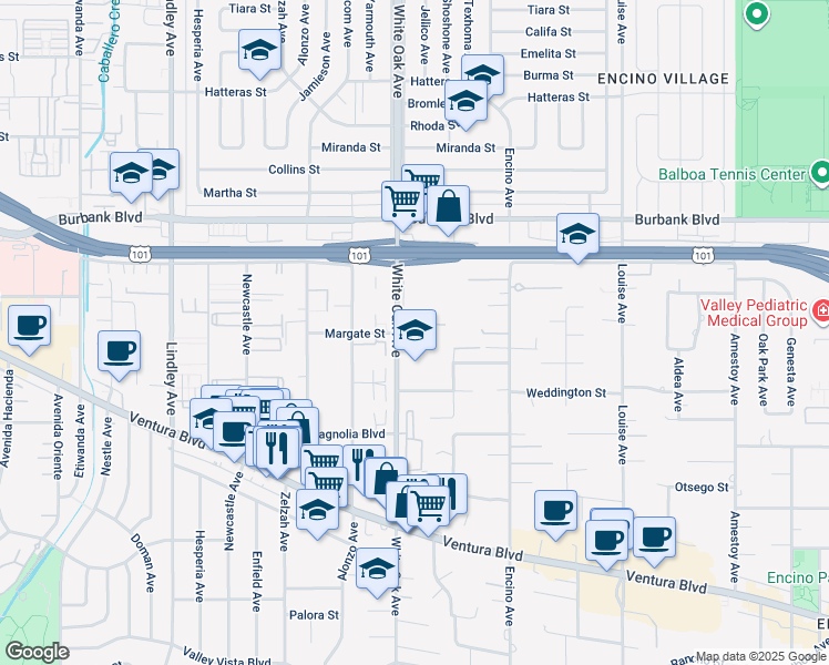 map of restaurants, bars, coffee shops, grocery stores, and more near 5350 White Oak Avenue in Los Angeles