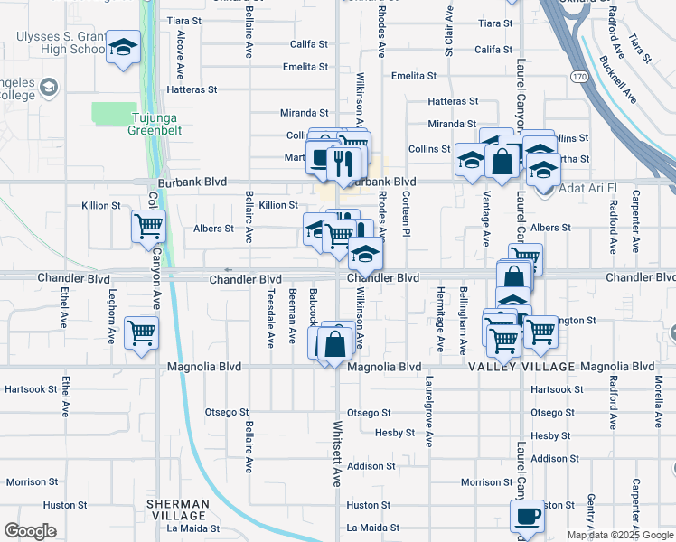 map of restaurants, bars, coffee shops, grocery stores, and more near Chandler Boulevard & Whitsett Avenue in Los Angeles
