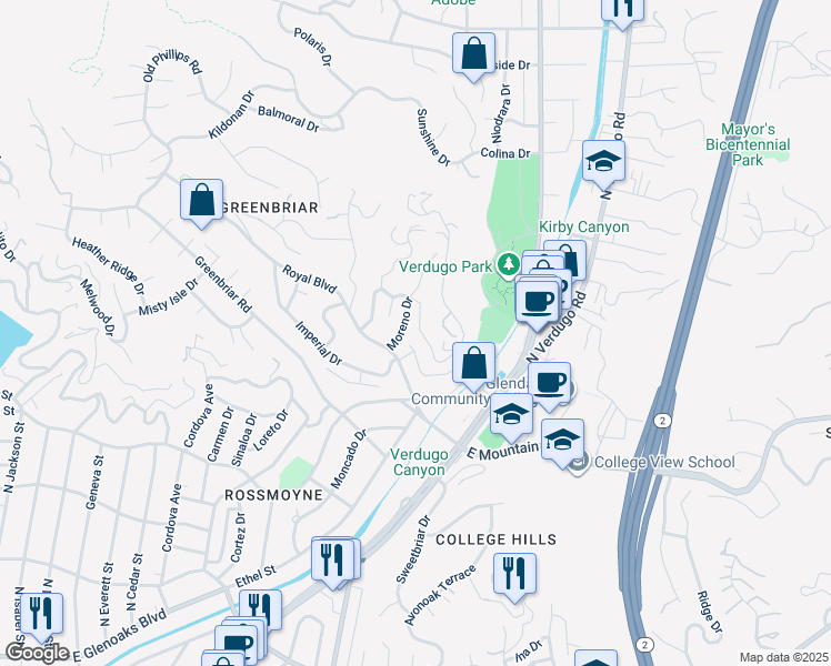 map of restaurants, bars, coffee shops, grocery stores, and more near 1664 Las Flores Drive in Glendale