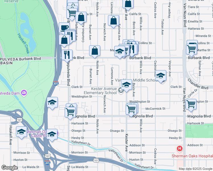 map of restaurants, bars, coffee shops, grocery stores, and more near 5400 Norwich Avenue in Los Angeles