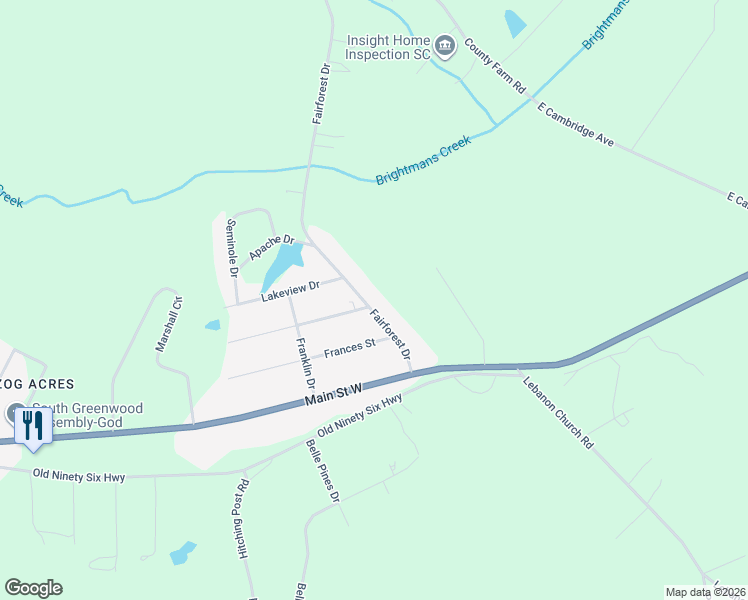 map of restaurants, bars, coffee shops, grocery stores, and more near 302 Fairforest Drive in Greenwood