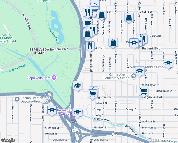 map of restaurants, bars, coffee shops, grocery stores, and more near 5401 Sepulveda Boulevard in Los Angeles