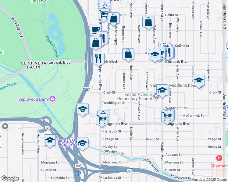 map of restaurants, bars, coffee shops, grocery stores, and more near 5401 Columbus Avenue in Los Angeles