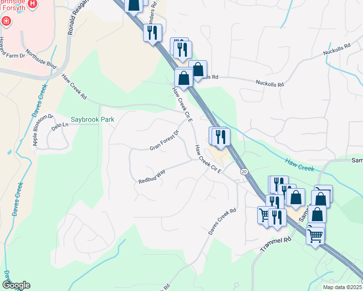 map of restaurants, bars, coffee shops, grocery stores, and more near 1435 Sassafras Lane in Cumming