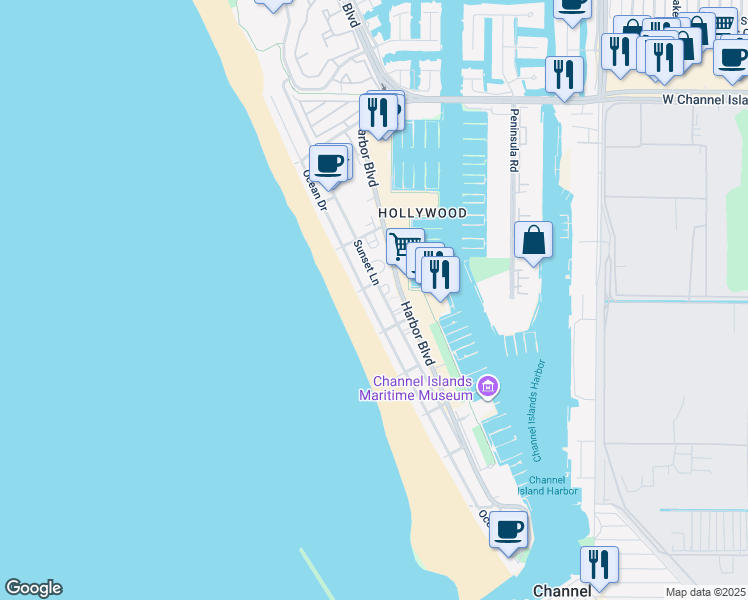 map of restaurants, bars, coffee shops, grocery stores, and more near 3744 Ocean Drive in Oxnard