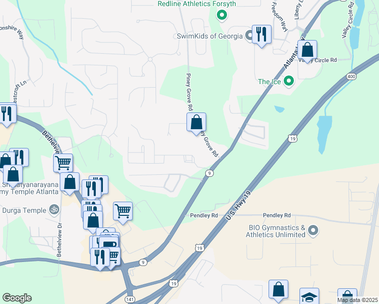 map of restaurants, bars, coffee shops, grocery stores, and more near 2020 Highland Gate Drive in Cumming