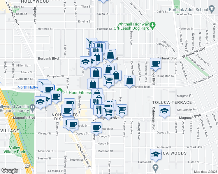 map of restaurants, bars, coffee shops, grocery stores, and more near 11311 West Chandler Boulevard in Los Angeles