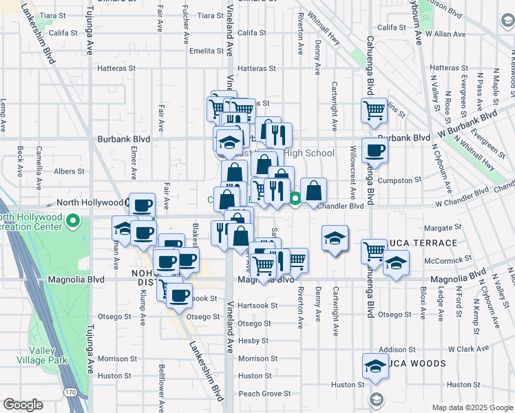 map of restaurants, bars, coffee shops, grocery stores, and more near Cleon Avenue in Los Angeles