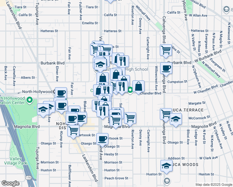 map of restaurants, bars, coffee shops, grocery stores, and more near 11311 West Chandler Boulevard in Los Angeles