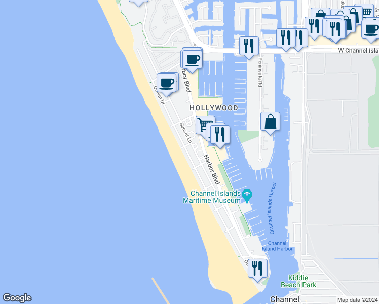 map of restaurants, bars, coffee shops, grocery stores, and more near 3744 Ocean Drive in Oxnard